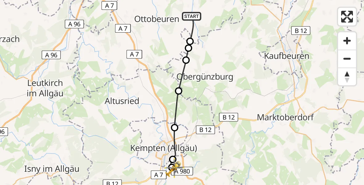 Flugroute Rettungshubschrauber Markt Rettenbach - Kempten-Durach Flugplatz, 13 Juli 2026, 11:02