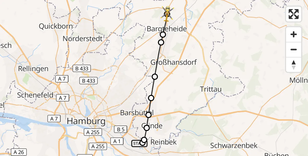 Flugroute Ambulanzhubschrauber Christoph Hansa ADAC Hubschrauberlandeplatz - Elmenhorst, 13 Juli 2026, 11:03