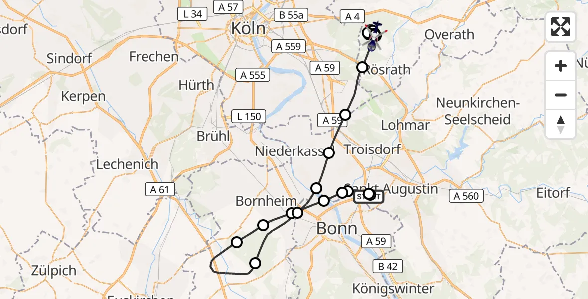 Flugroute Polizeihubschrauber Sankt Augustin - Rösrath, 13 Juli 2026, 11:10