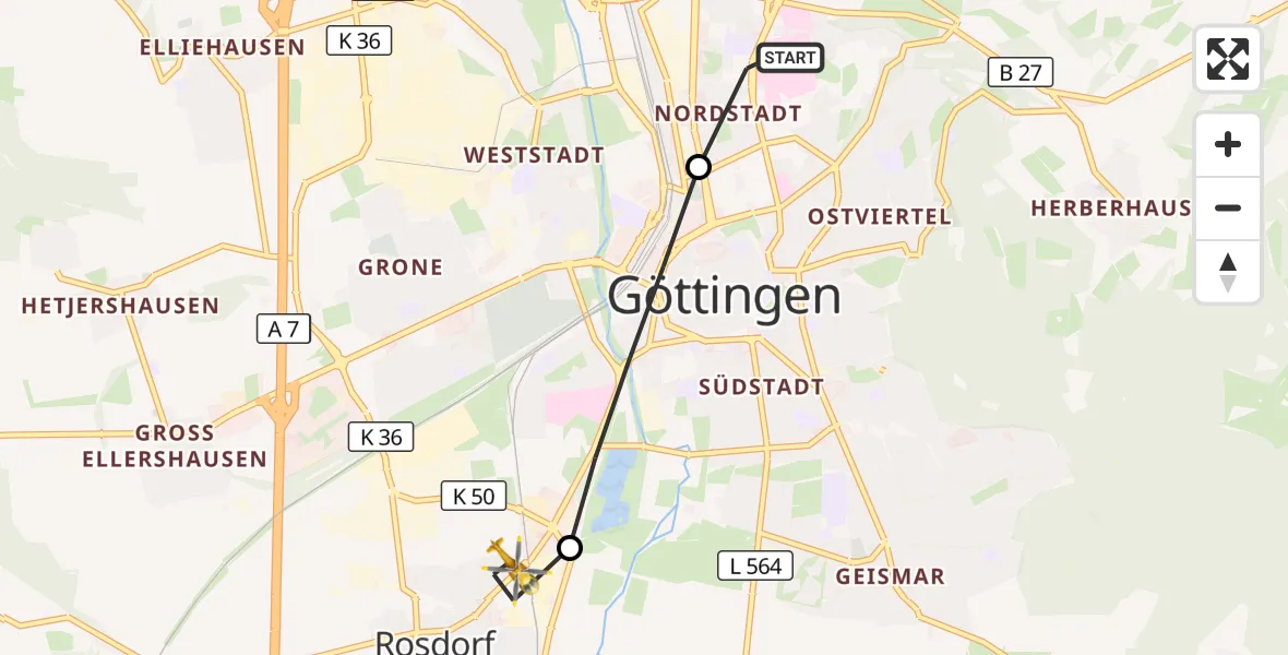 Flugroute Rettungshubschrauber Göttingen University Clinic Hubschrauberlandeplatz - Rosdorf, 13 Juli 2026, 11:11