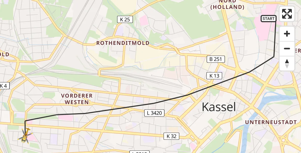 Flugroute Rettungshubschrauber Kassel - Kassel, 13 Juli 2026, 11:15