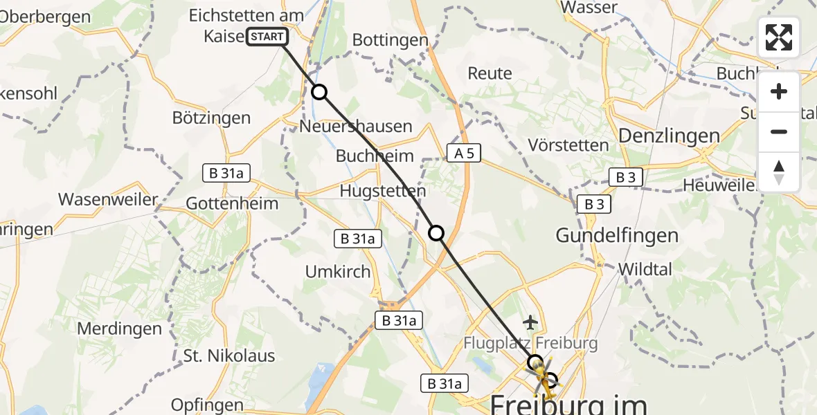 Flugroute Ambulanzhubschrauber Eichstetten am Kaiserstuhl - Freiburg University Hospital Heliport 2, 13 Juli 2026, 11:16