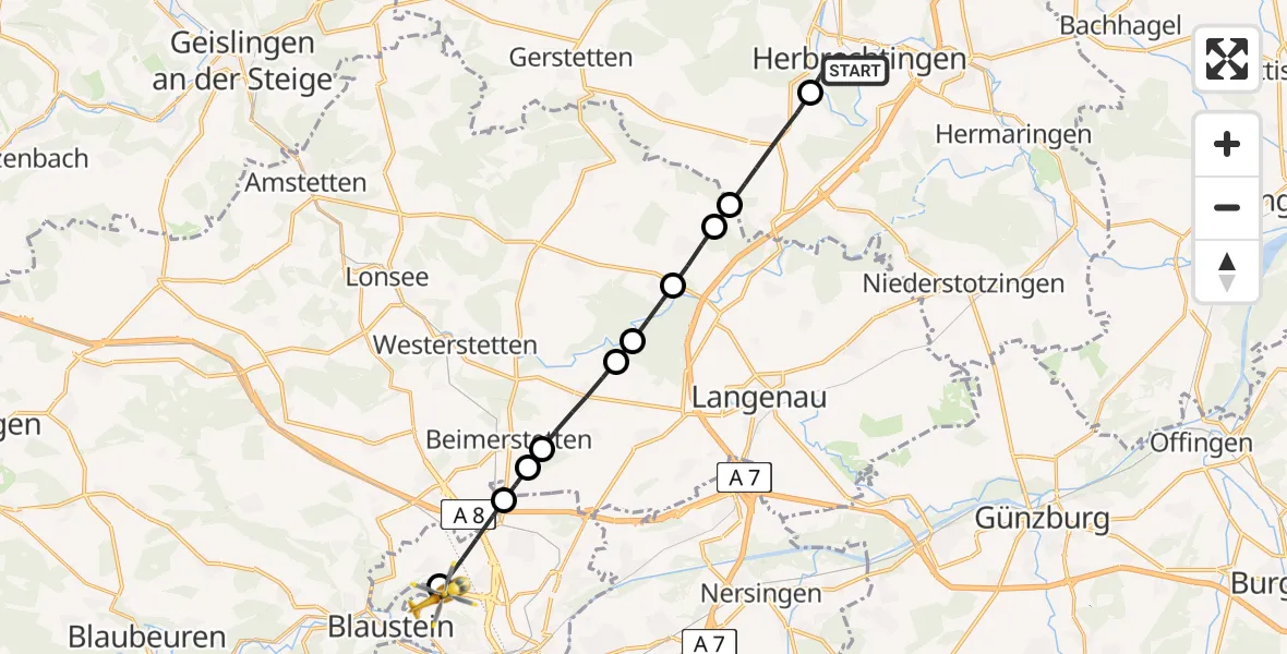 Flugroute Rettungshubschrauber Herbrechtingen - Ulm Military Hospital Emergency, 13 Juli 2026, 11:17