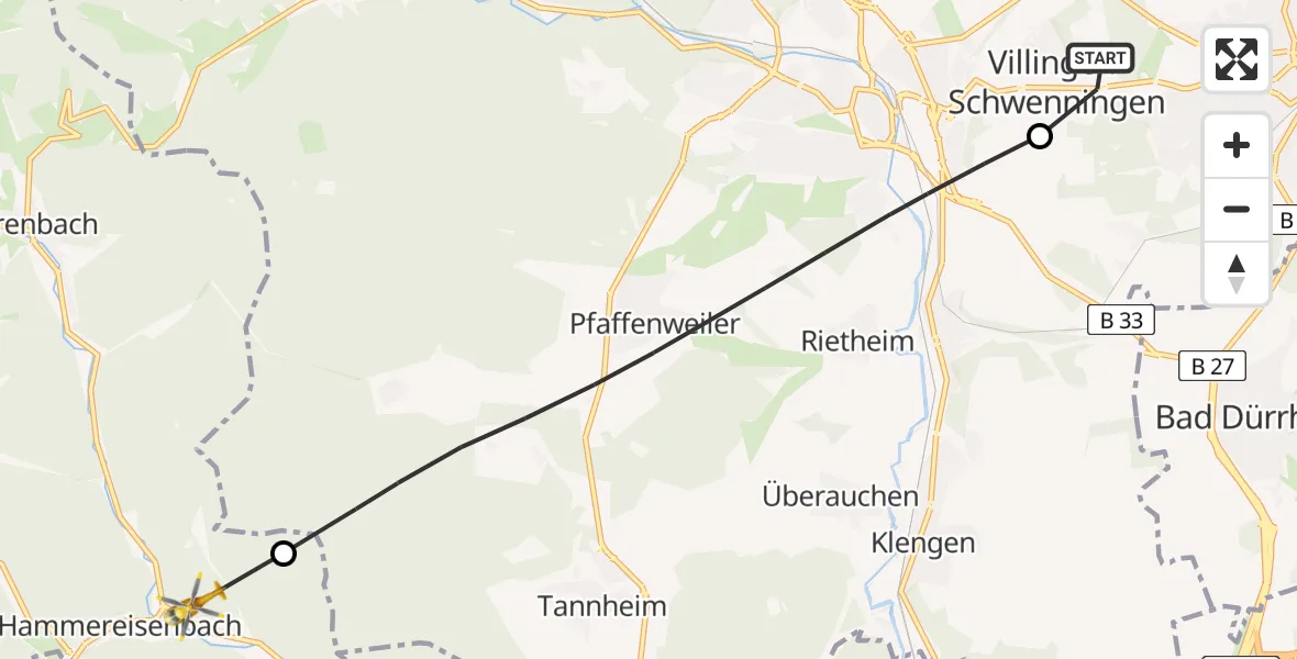 Flugroute Ambulanzhubschrauber DRF Air Rescue Station Villingen-Schwenningen Hubschrauberlandeplatz (Christoph 11) - Vöhrenbach, 13 Juli 2026, 11:17