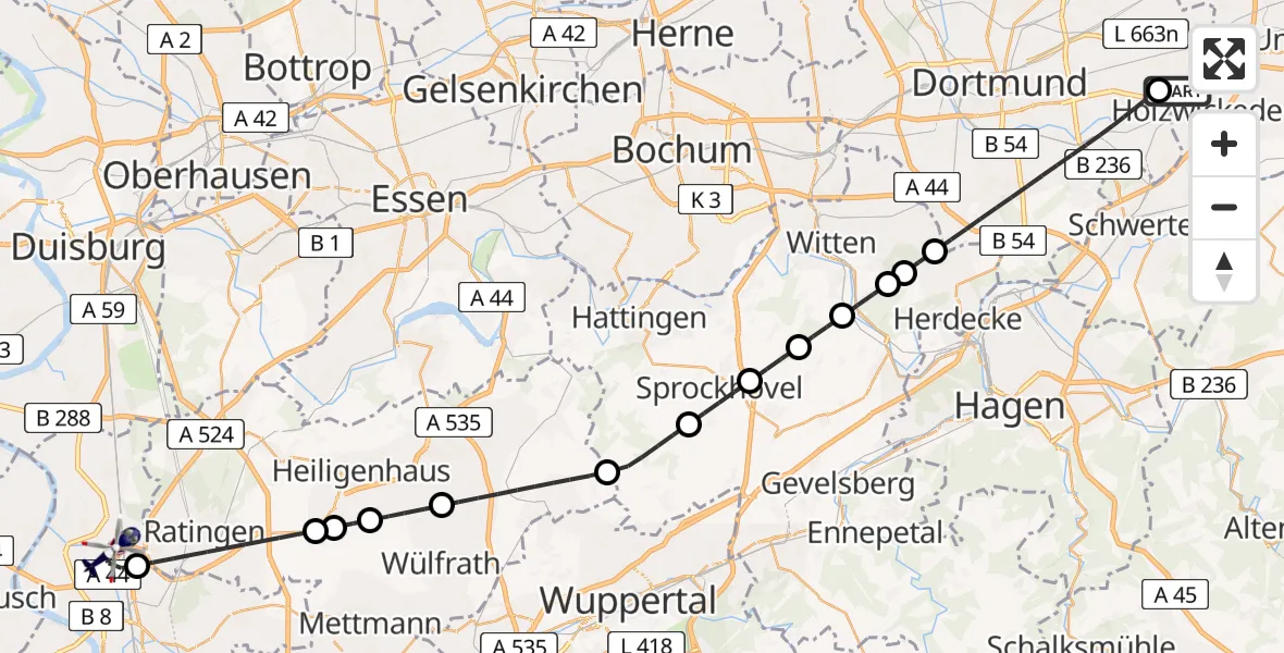 Flugroute Polizeihubschrauber Dortmund Flughafen - Düsseldorf Flughafen, 13 Juli 2026, 11:21