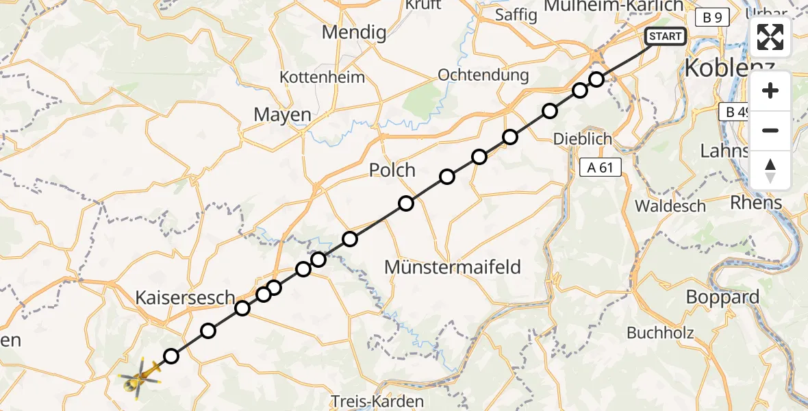 Flugroute Rettungshubschrauber Koblenz - Greimersburg, 13 Juli 2026, 11:24