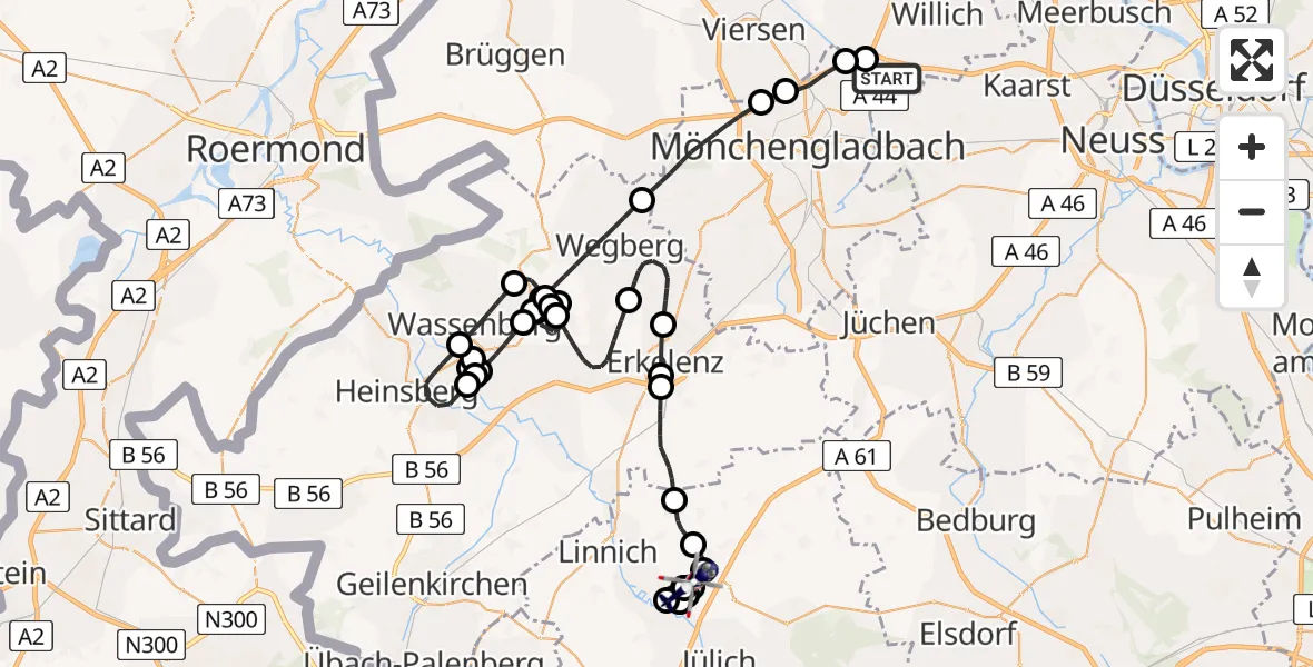 Flugroute Polizeihubschrauber Mönchengladbach Flughafen - Linnich-Boslar Ultraleichtflugplatz, 13 Juli 2026, 11:24