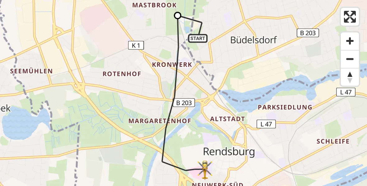 Flugroute Ambulanzhubschrauber Büdelsdorf - Rendsburg, 13 Juli 2026, 11:25