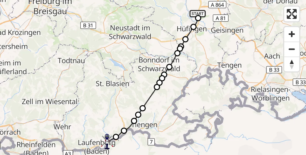 Flugroute Polizeihubschrauber Donaueschingen-Villingen Flugplatz - Laufenburg (Baden), 13 Juli 2026, 11:27