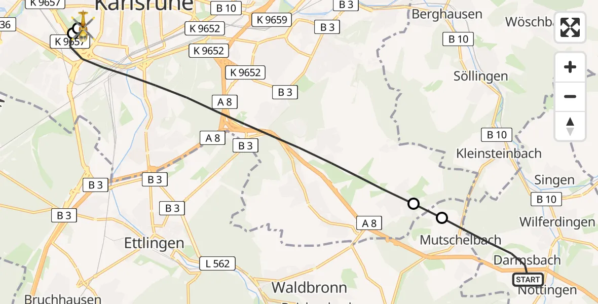 Flugroute Ambulanzhubschrauber Remchingen - Sankt Vincentius Hospital, 13 Juli 2026, 11:30
