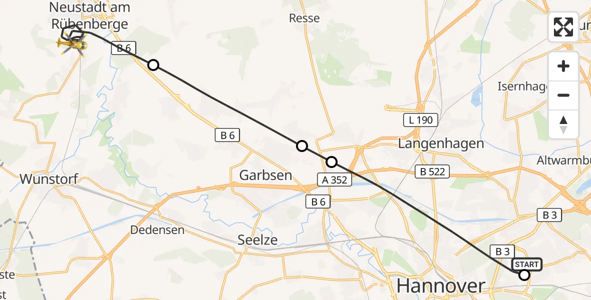 Flugroute Rettungshubschrauber Hannover Luftrettung Hubschrauberlandeplatz (Christoph 4) - Neustadt am Rübenberge, 13 Juli 2026, 11:35