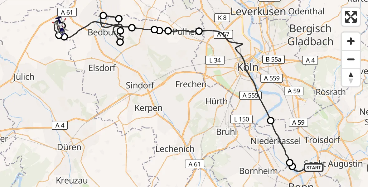 Flugroute Polizeihubschrauber Bonn - Titz, 13 Juli 2026, 11:35