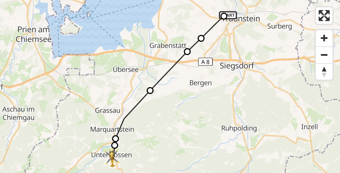 Flugroute Rettungshubschrauber Traunstein Hospital - Unterwössen, 13 Juli 2026, 11:36