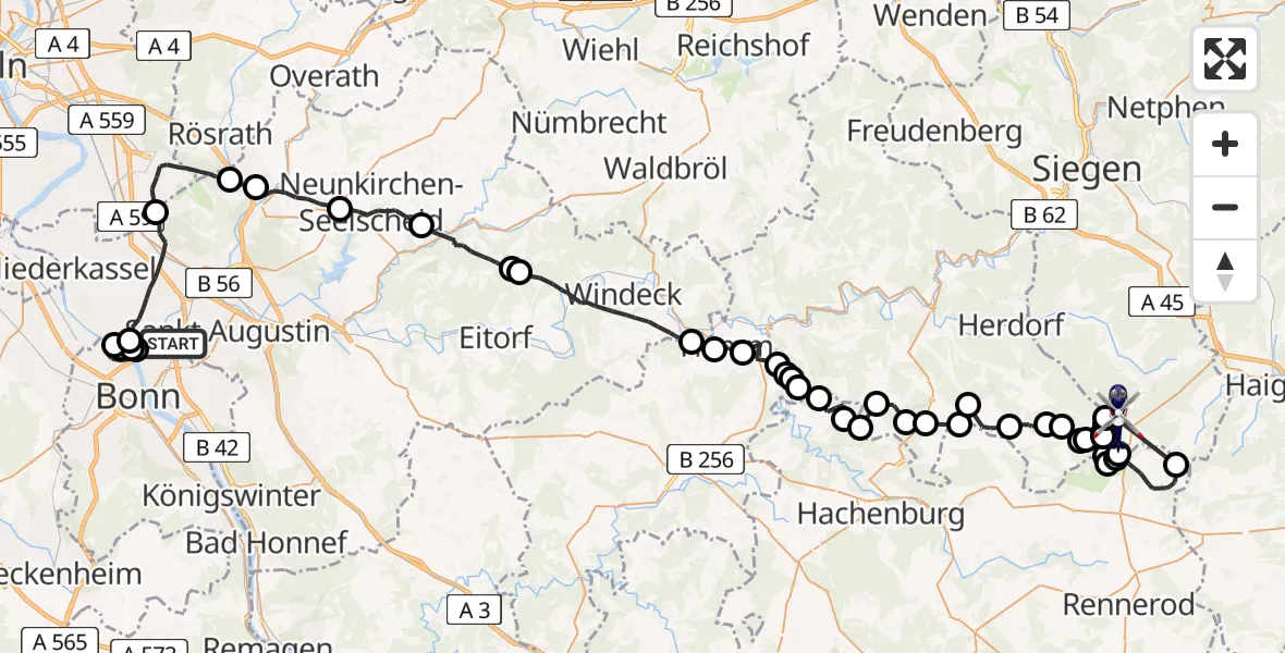 Flugroute Polizeihubschrauber Bonn - Burbach, 13 Juli 2026, 11:37