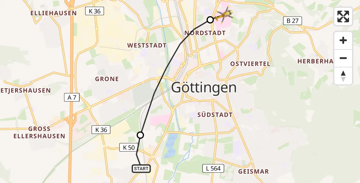 Flugroute Rettungshubschrauber Rosdorf - Göttingen University Clinic Hubschrauberlandeplatz, 13 Juli 2026, 11:41