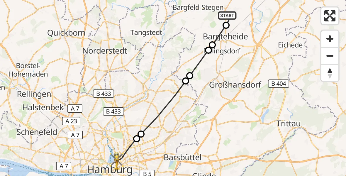 Flugroute Ambulanzhubschrauber Elmenhorst - Hamburg, 13 Juli 2026, 11:42