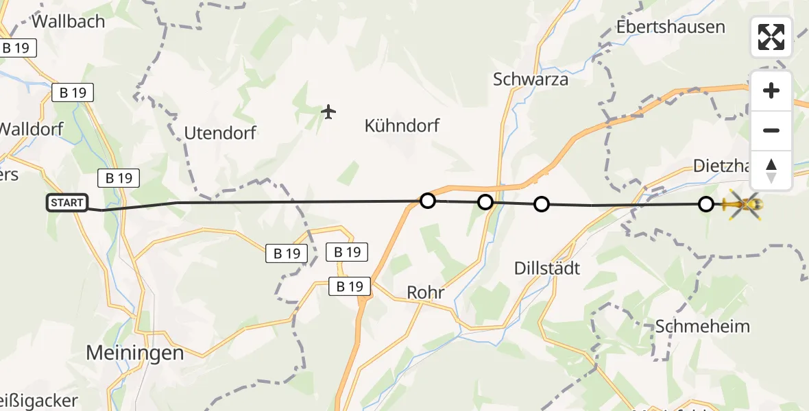 Flugroute Rettungshubschrauber Meiningen - Suhl, 13 Juli 2026, 11:43