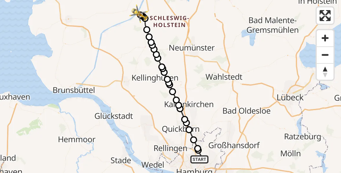 Flugroute Ambulanzhubschrauber Hamburg - Hörsten, 13 Juli 2026, 11:43