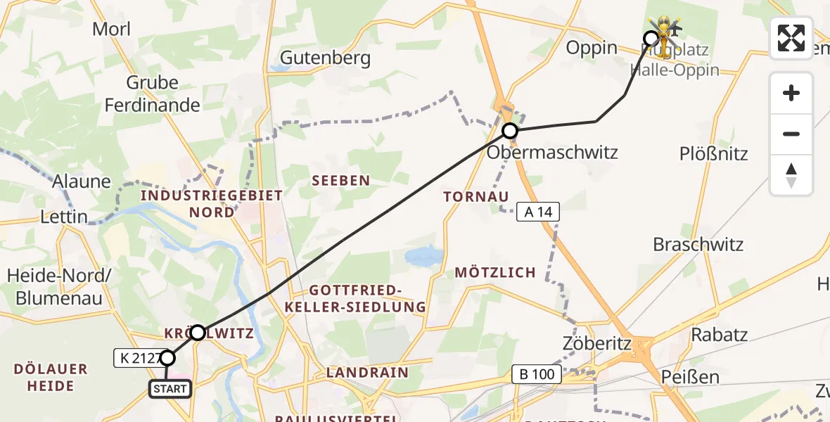 Flugroute Rettungshubschrauber Halle (Saale) University Hospital - Halle-Oppin Flugplatz, 13 Juli 2026, 11:49