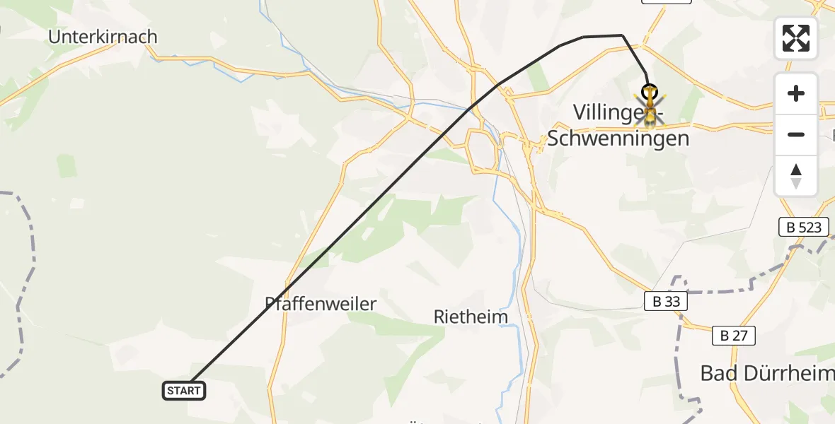 Flugroute Ambulanzhubschrauber Villingen-Schwenningen - DRF Air Rescue Station Villingen-Schwenningen Hubschrauberlandeplatz (Christoph 11), 13 Juli 2026, 11:50