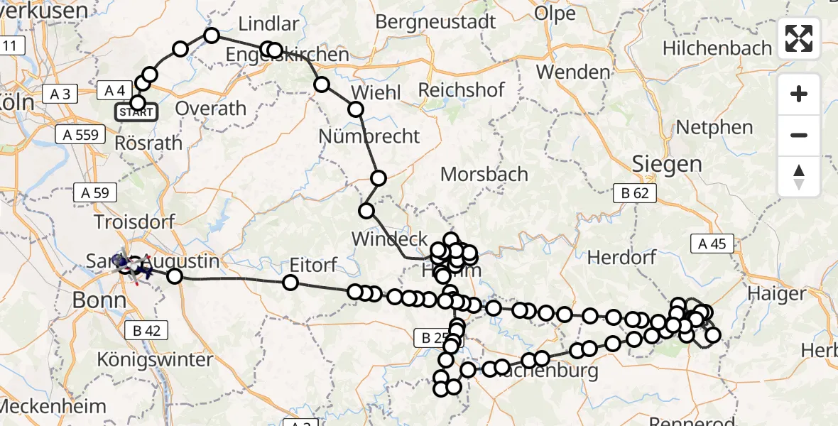 Flugroute Polizeihubschrauber Rösrath - Bonn-Hangelar Flugplatz, 13 Juli 2026, 11:51