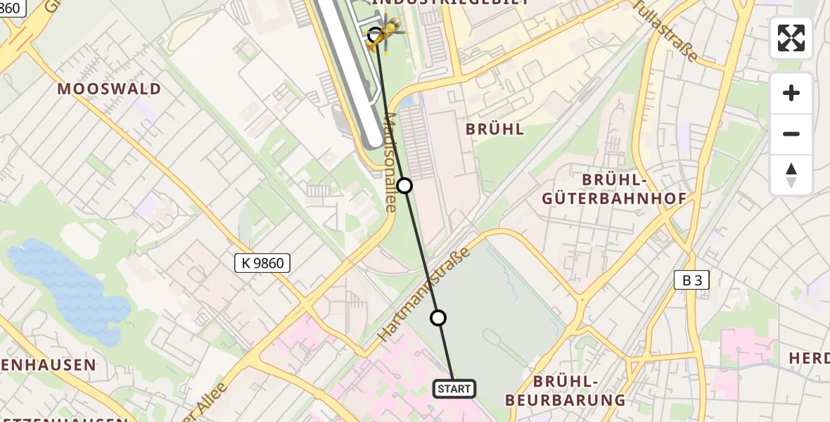 Flugroute Ambulanzhubschrauber Freiburg University Hospital Heliport 2 - Freiburg im Breisgau Flugplatz, 13 Juli 2026, 11:52