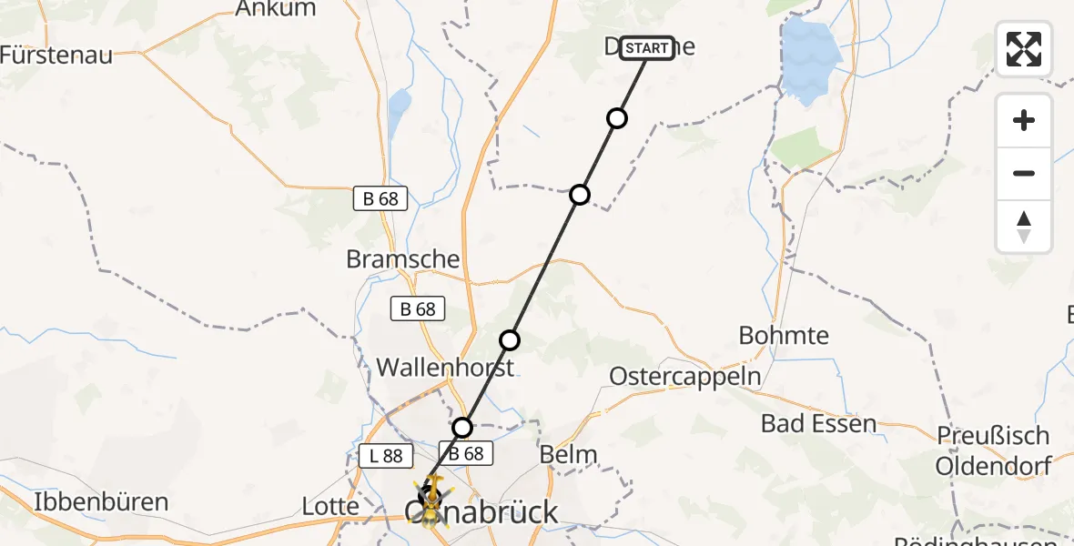 Flugroute Rettungshubschrauber Damme - Osnabrück Hospital, 13 Juli 2026, 11:52