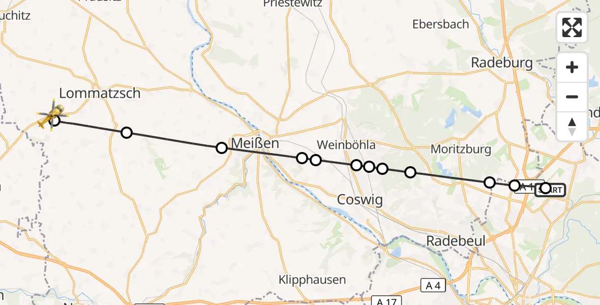 Flugroute Rettungshubschrauber Dresden Bundespolizei Hubschrauberlandeplatz - Lommatzsch, 13 Juli 2026, 11:55