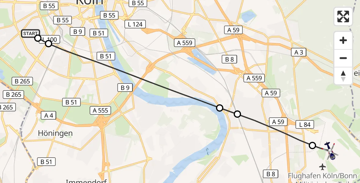Flugroute Polizeihubschrauber Köln University Hospital - Köln Bonn Flughafen, 13 Juli 2026, 11:59