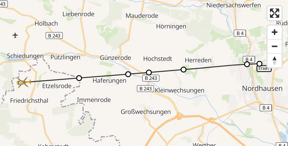Flugroute Rettungshubschrauber Südharz Hospital Nordhausen - Bleicherode, 13 Juli 2026, 11:59