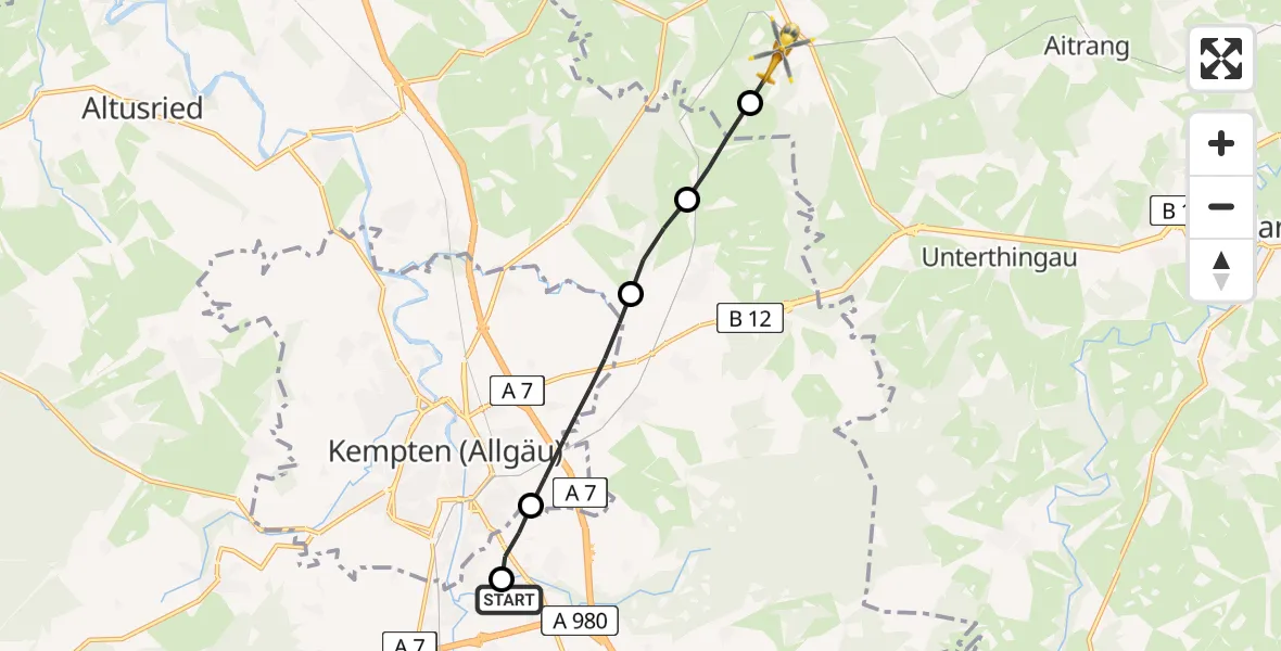 Flugroute Rettungshubschrauber Kempten-Durach Flugplatz - Günzach, 13 Juli 2026, 12:00