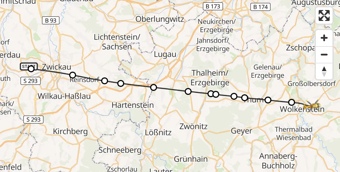 Flugroute Rettungshubschrauber ADAC Air Rescue Station Zwickau Hubschrauberlandeplatz - Wolkenstein, 13 Juli 2026, 12:02