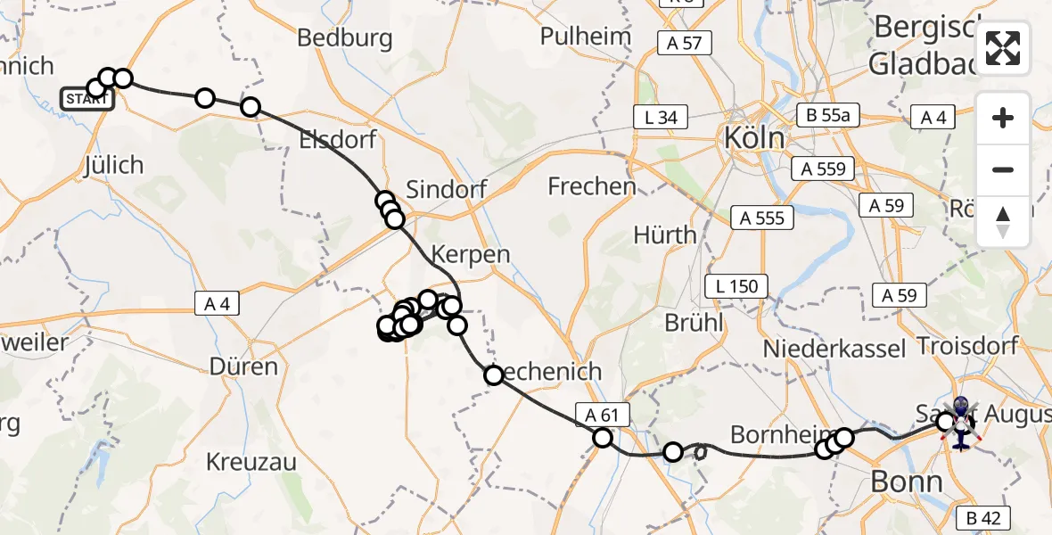 Flugroute Polizeihubschrauber Linnich-Boslar Ultraleichtflugplatz - Sankt Augustin, 13 Juli 2026, 12:04