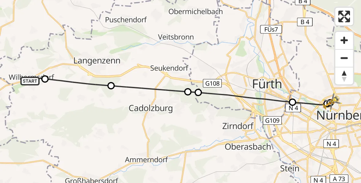 Flugroute Ambulanzhubschrauber Wilhermsdorf - Nürnberg North Hospital, 13 Juli 2026, 12:06