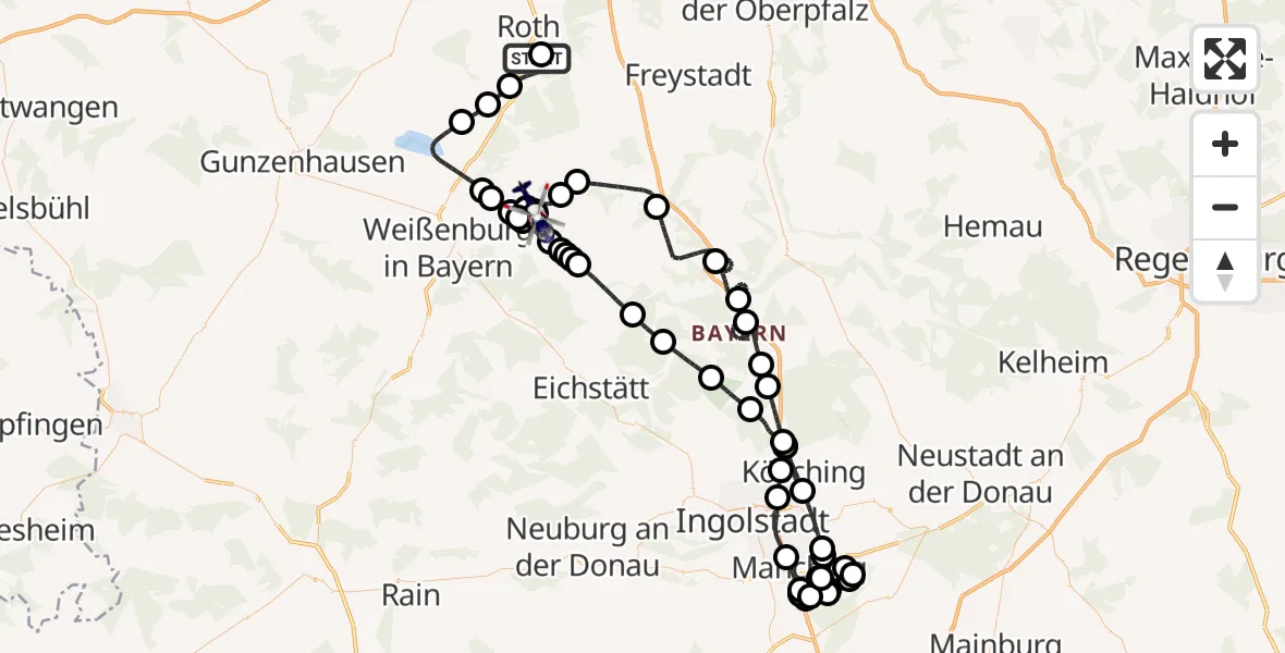 Flugroute Polizeihubschrauber Flugplatz Roth - Burgsalach, 13 Juli 2026, 12:08