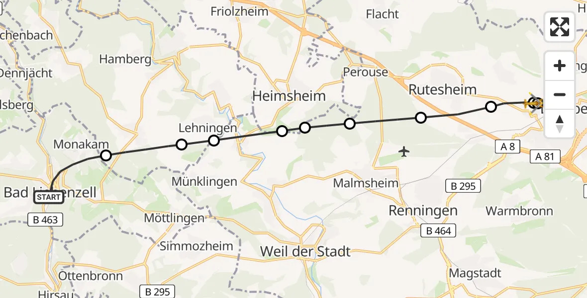 Flugroute Rettungshubschrauber Bad Liebenzell - Leonberg Hospital, 13 Juli 2026, 12:08