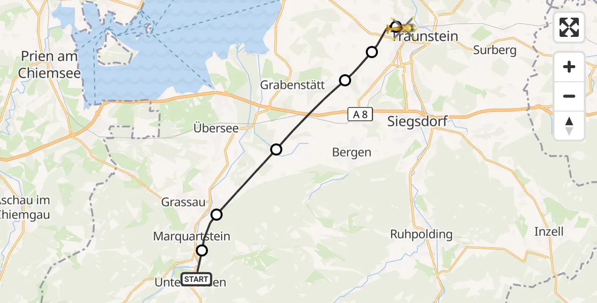 Flugroute Rettungshubschrauber Unterwössen - Traunstein Hospital, 13 Juli 2026, 12:10