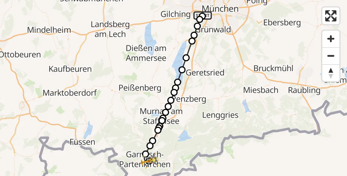 Flugroute Rettungshubschrauber DRF Air Rescue München Hubschrauberlandeplatz - Garmisch-Partenkirchen Clinic Hubschrauberlandeplatz, 13 Juli 2026, 12:11