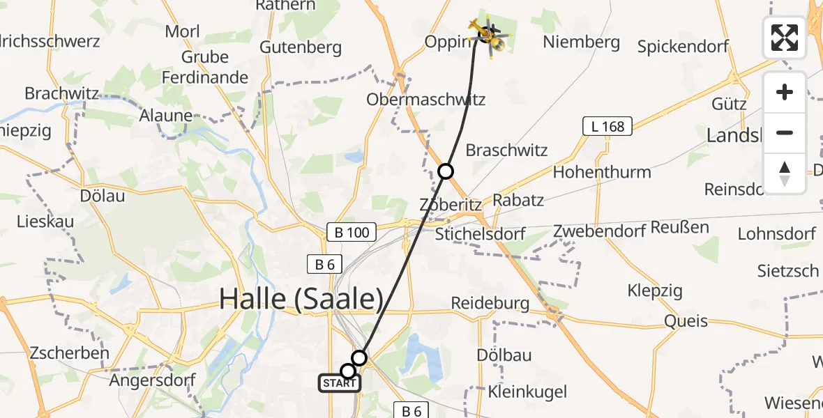 Flugroute Rettungshubschrauber BG Hospital Bergmannstrost Halle - Halle-Oppin Flugplatz, 13 Juli 2026, 12:13