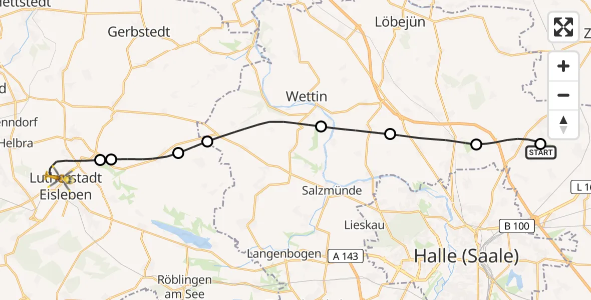 Flugroute Rettungshubschrauber Halle-Oppin Flugplatz - Helios Hospital Lutherstadt Eisleben, 13 Juli 2026, 12:14