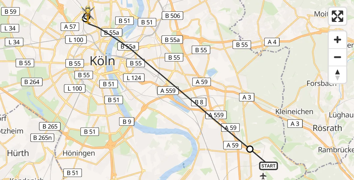 Flugroute Ambulanzhubschrauber Köln Bonn Flughafen - Sankt Vinzenz Hospital, 13 Juli 2026, 12:19