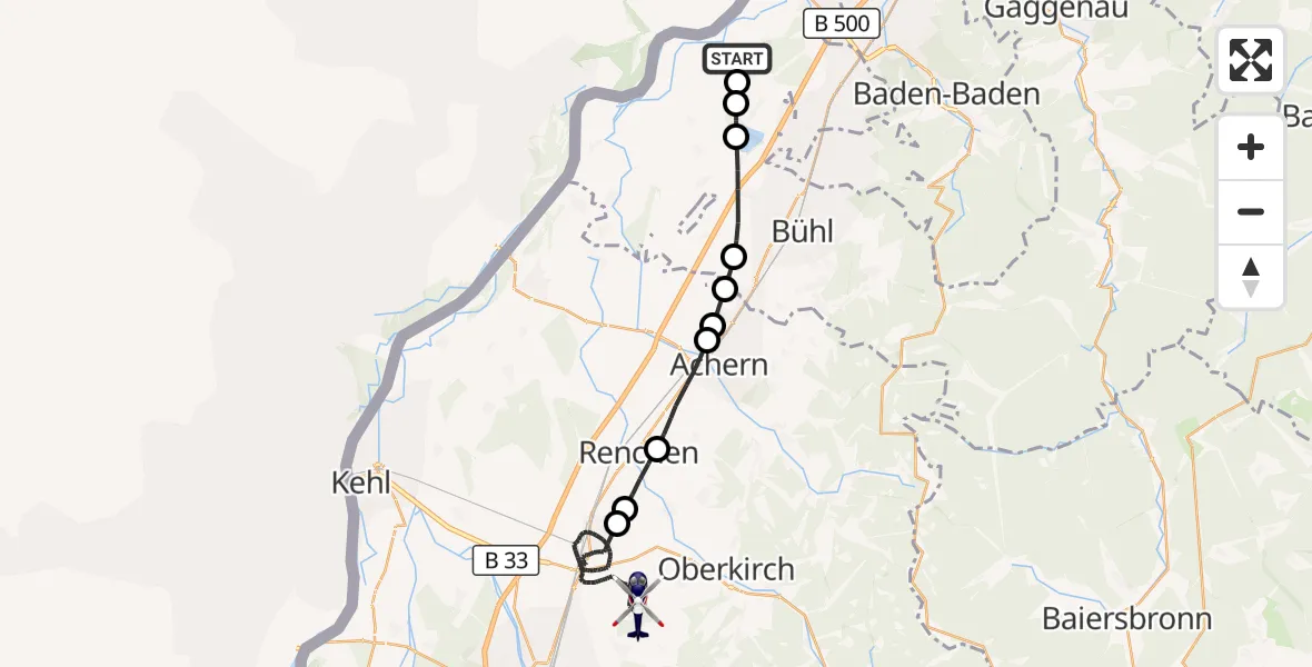 Flugroute Polizeihubschrauber Karlsruhe Baden-Baden Flughafen - Appenweier, 13 Juli 2026, 12:19