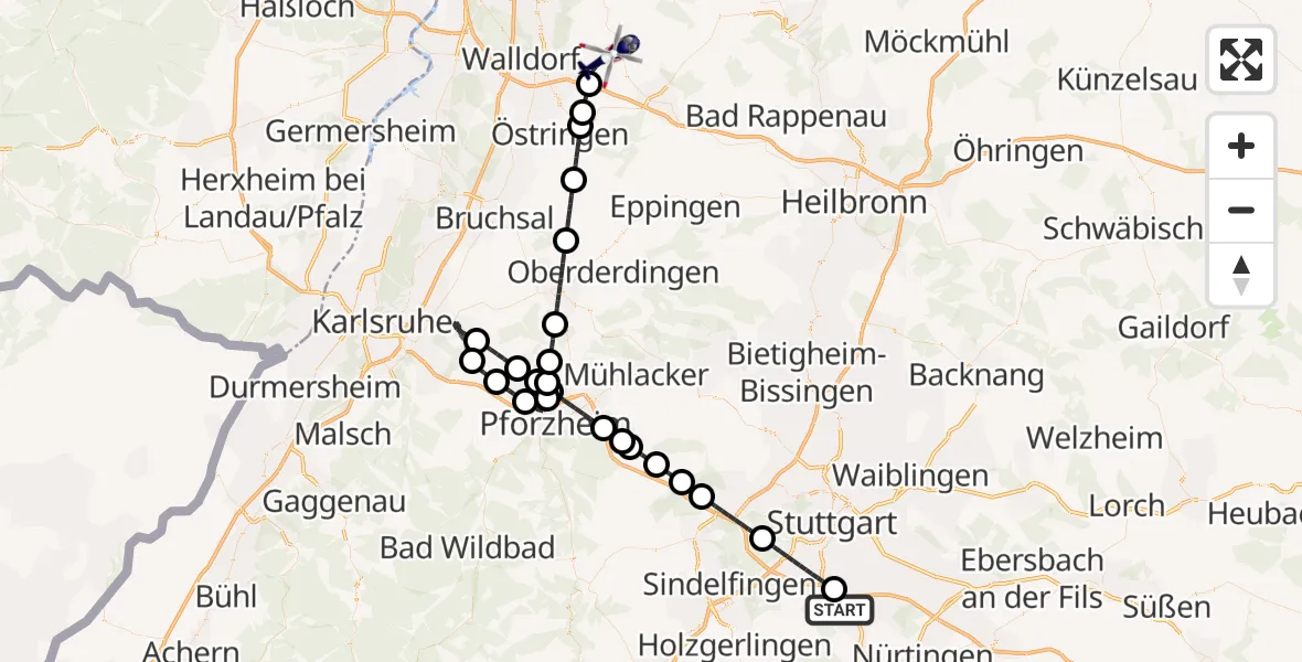 Flugroute Polizeihubschrauber Flughafen Stuttgart - Dielheim, 13 Juli 2026, 12:21