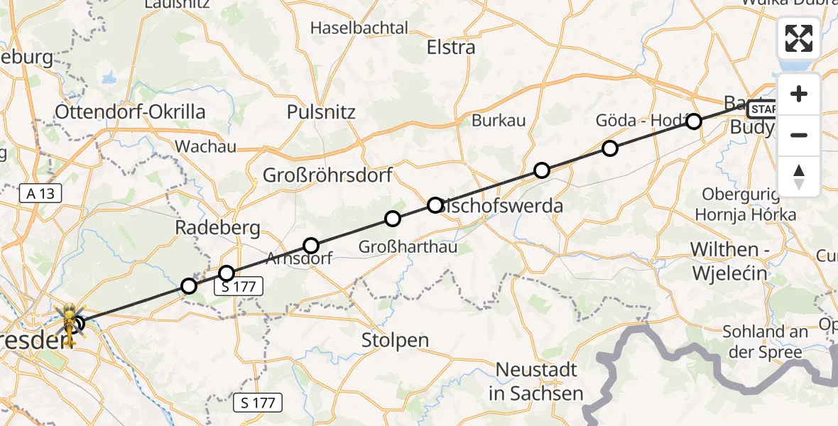 Flugroute Rettungshubschrauber Bautzen - Dresden University Hospital, 13 Juli 2026, 12:27