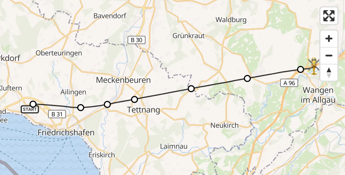 Flugroute Rettungshubschrauber Friedrichshafen Hospital - Wangen im Allgäu, 13 Juli 2026, 12:28