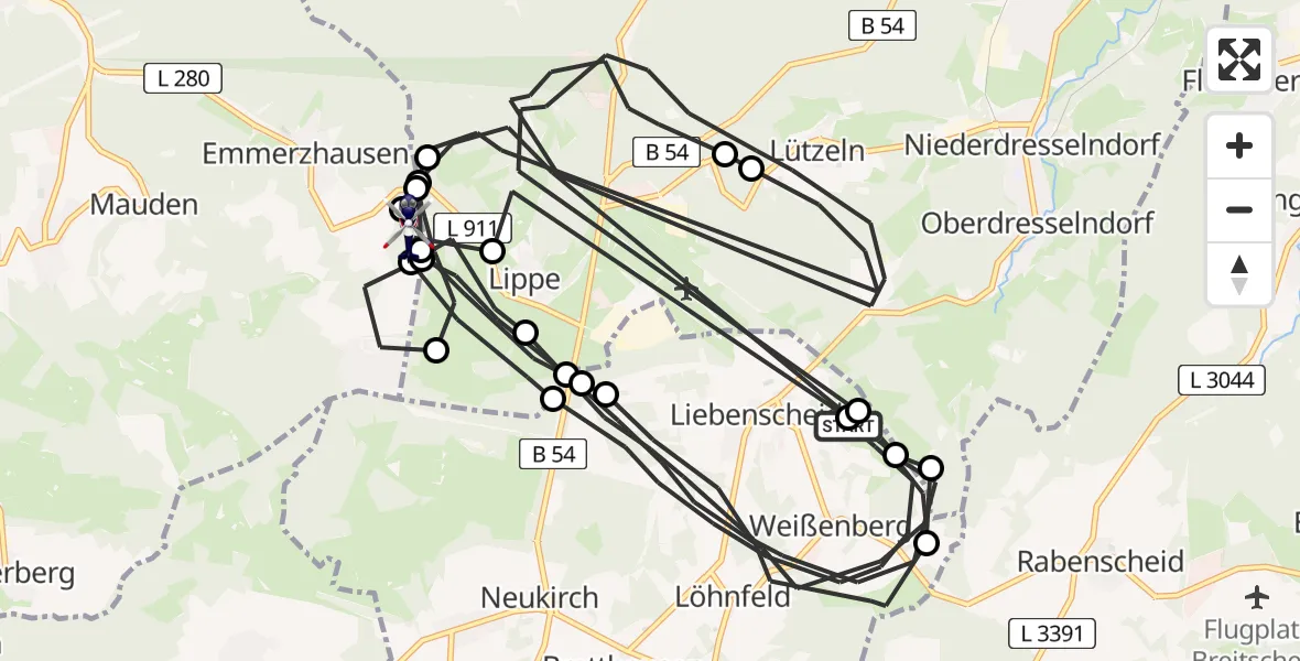 Flugroute Polizeihubschrauber Liebenscheid - Emmerzhausen, 13 Juli 2026, 12:28