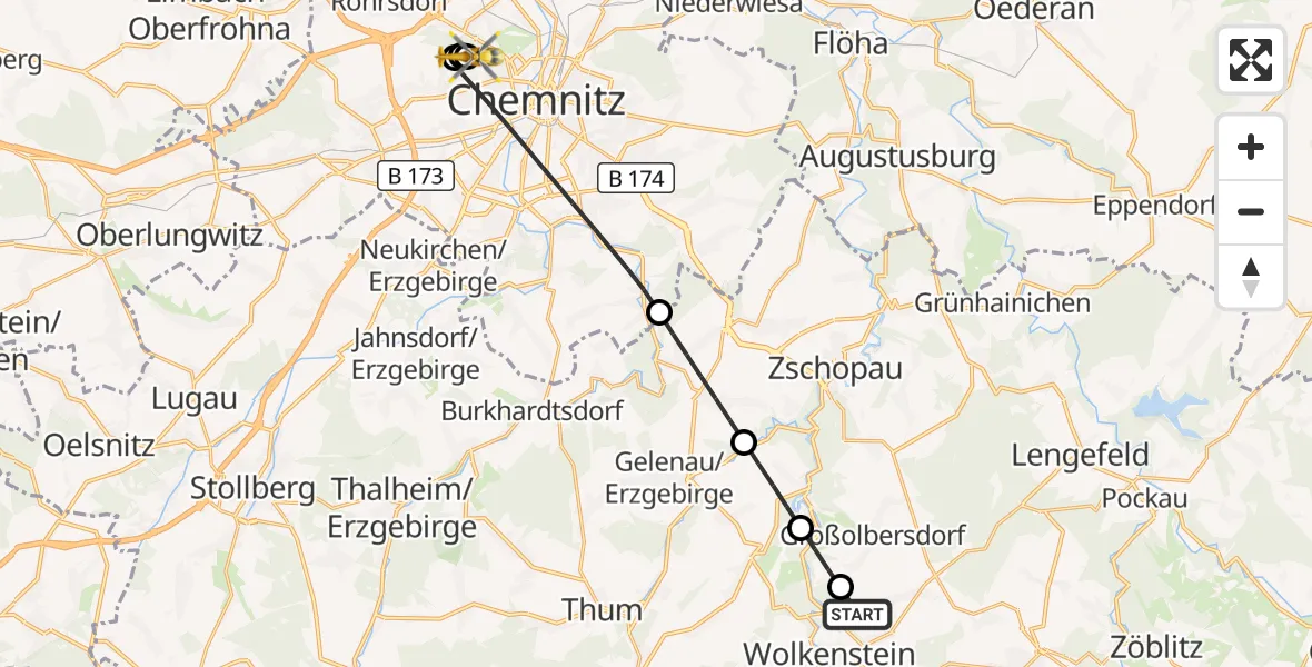 Flugroute Rettungshubschrauber Wolkenstein - Flemmingstraße Hospital Rooftop, 13 Juli 2026, 12:34