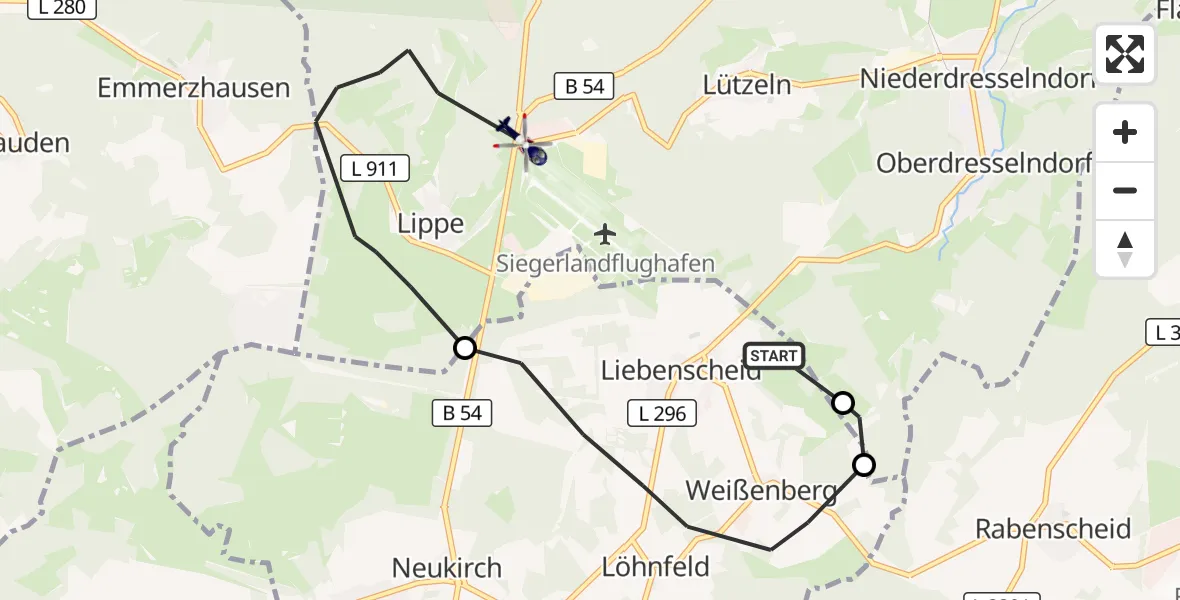 Flugroute Polizeihubschrauber Liebenscheid - Siegerland Flughafen, 13 Juli 2026, 12:34