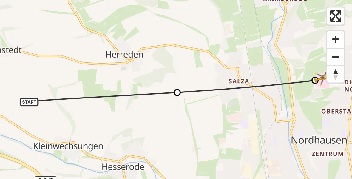 Flugroute Rettungshubschrauber Werther - Südharz Hospital Nordhausen, 13 Juli 2026, 12:41