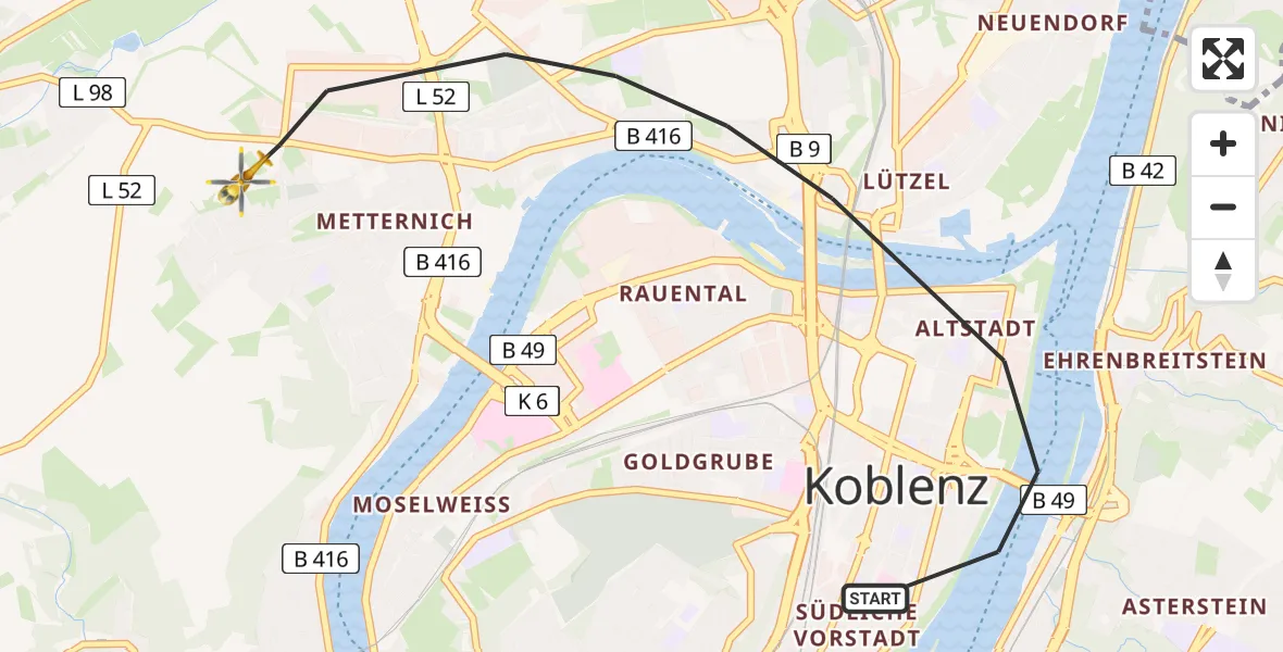 Flugroute Rettungshubschrauber Koblenz - Koblenz, 13 Juli 2026, 12:42